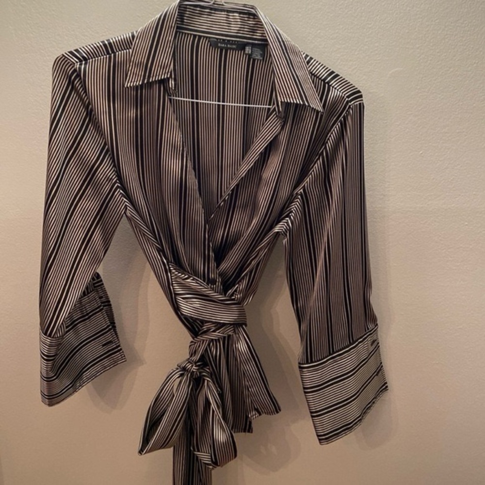 Zara Brown and Tan Tie Front Blouse